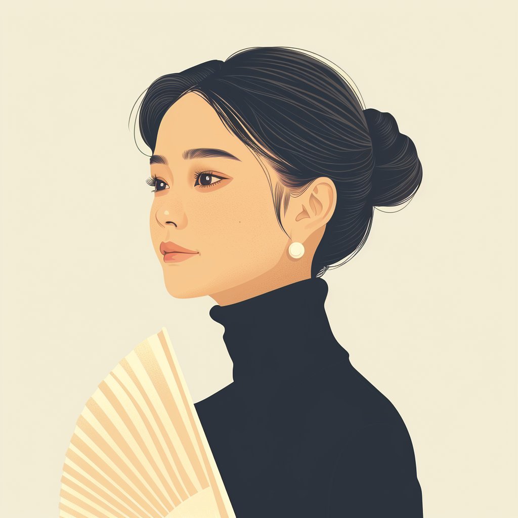 SiteW_fr's tweet photo. #prompt @midjourney : “Une jeune femme de profil, vêtue d'un pull à col roulé noir, tenant un éventail ouvert et portant des boucles d'oreilles en perles aux oreilles. Elle est dans une posture gracieuse et une attitude élégante, la tête haute.
L’illustration est minimaliste avec des détails simples, une palette de couleurs dégradées et sur fond blanc, dans le style Ukiyo-e.”