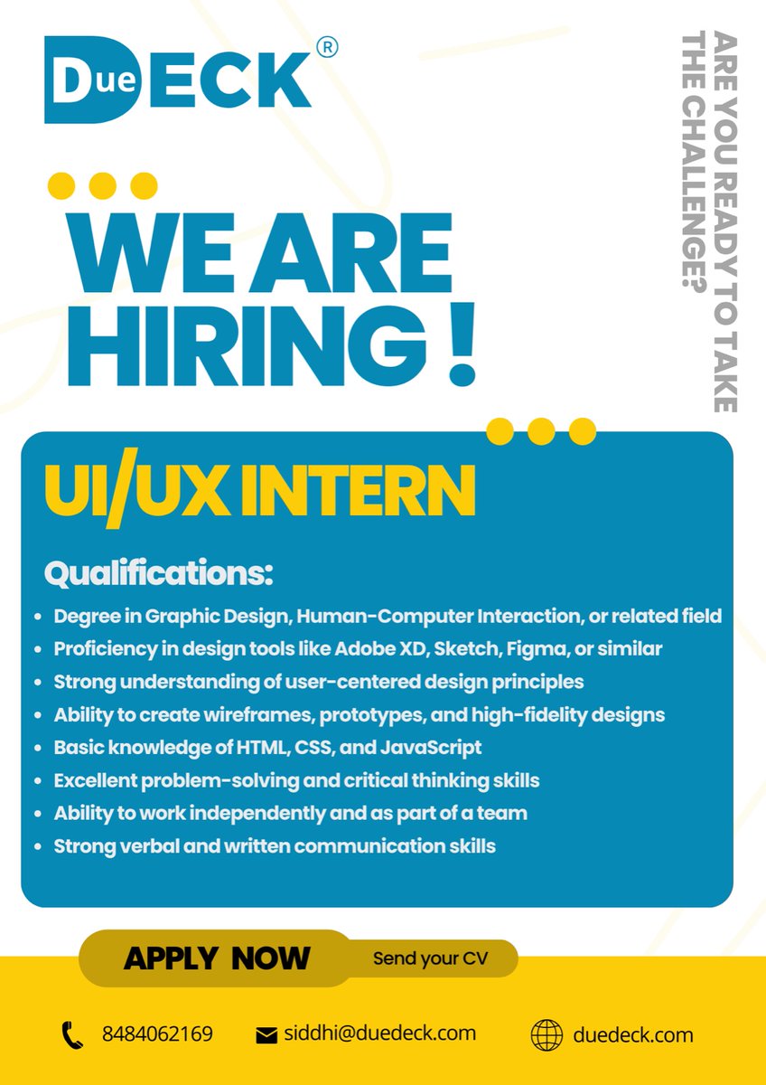 DueDeckOfficial's tweet photo. Want to make a real impact with your design skills? Let's work together!

We're hiring a UI/UX Design Intern at DueDeck.

If you're passionate about design and eager to grow, we’d love to hear from you.

Send your CV to siddhi@duedeck.com.

Let’s create something great together. https://t.co/LEE3mkn9mn