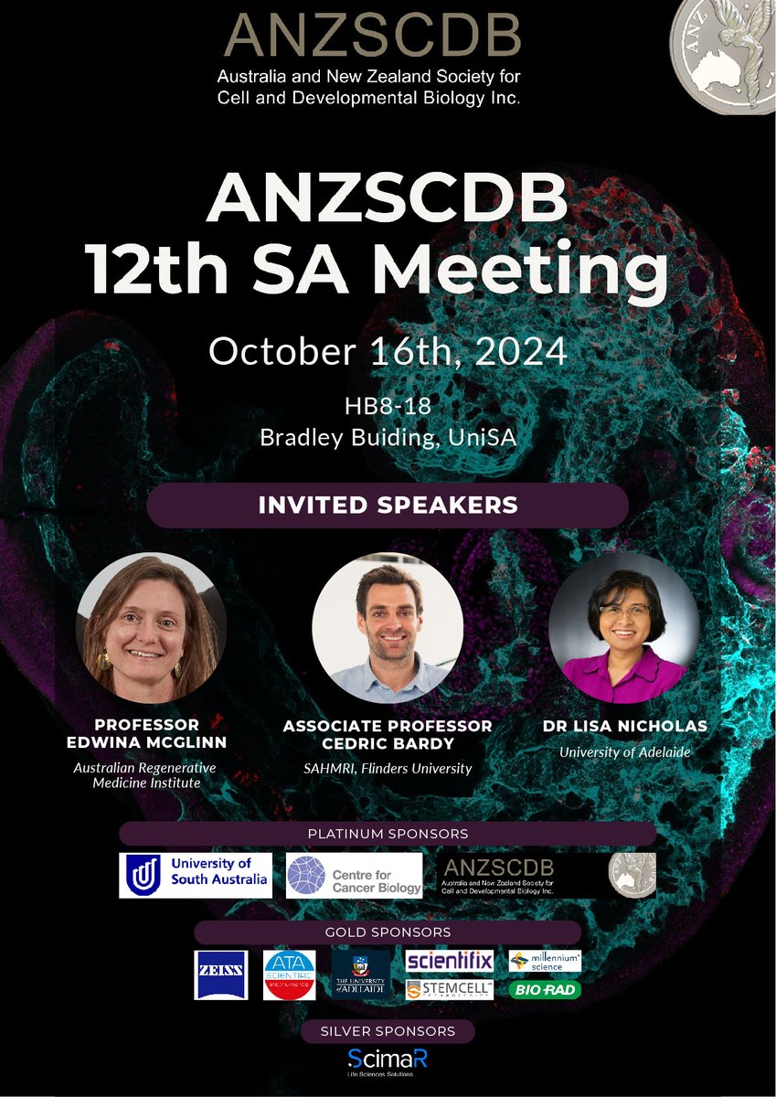 ANZSCDB (@anzscdb) on Twitter photo We are excited to announce the 12th ANZSCDB South Australia meeting taking place on October 16, 2024! Join us for insightful talks from <a href="/McGlinnLab/">McGlinn Lab</a>, <a href="/CedricBardyLab/">Cedric Bardy</a>, and <a href="/Lisa_M_Nic/">Dr. Lisa Marie Nicholas</a> at <a href="/unisa/">Unisa</a>. Don't miss this packed event!
#devbio #science #cellbiology We are excited to announce the 12th ANZSCDB South Australia meeting taking place on October 16, 2024! Join us for insightful talks from <a href="/McGlinnLab/">McGlinn Lab</a>, <a href="/CedricBardyLab/">Cedric Bardy</a>, and <a href="/Lisa_M_Nic/">Dr. Lisa Marie Nicholas</a> at <a href="/unisa/">Unisa</a>. Don't miss this packed event!
#devbio #science #cellbiology