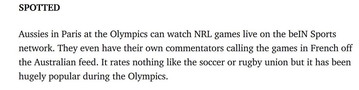 Merci <a href="/BuzzRothfield/">BUZZ ROTHFIELD</a> ! 🇫🇷
We keep the #NRL flame alive during the Olympics <a href="/beinsports_FR/">beIN SPORTS</a> <a href="/LouisBonnery/">Louis BONNERY</a> <a href="/BertrandBegue/">Bertrand Bégué</a> <a href="/RasFlowDul2/">Flow Dulin</a>