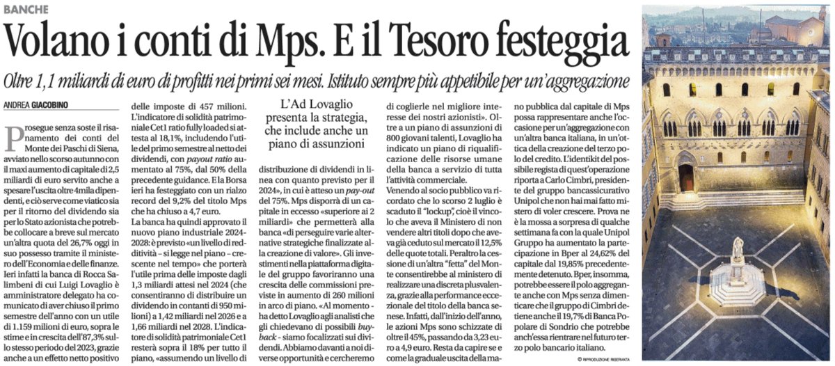 andreagiacobin1's tweet image. Volano i conti di @Banca_MPS. E il #Tesoro festeggia. Su @Avvenire_Nei 07/08/24. #borsaitaliana #semestrale @MEF_GOV