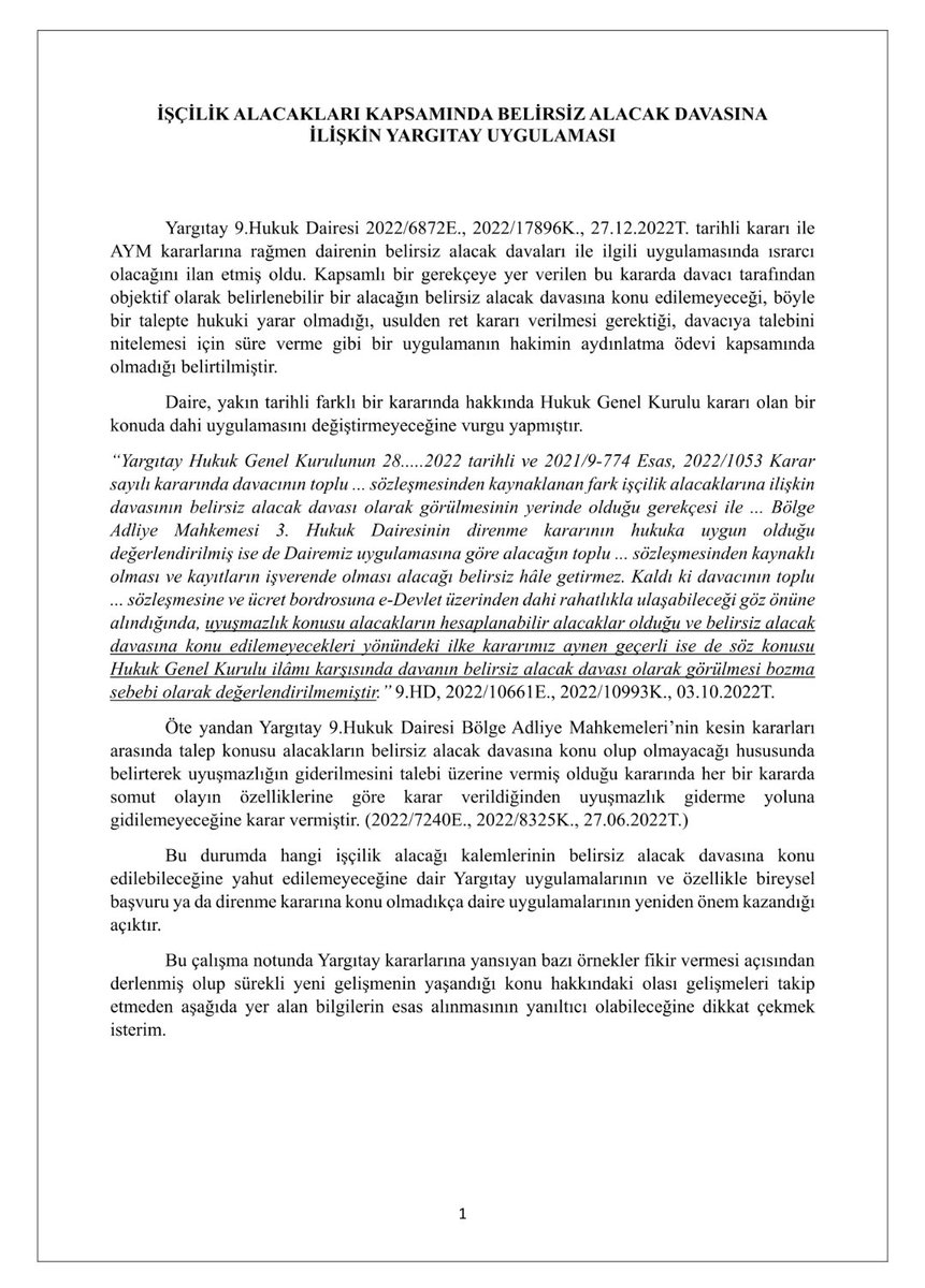 turk_avukat's tweet photo. 📌 "İşçilik Alacaklarından Hangilerinin Belirsiz Alacak Davasına Konu Edilebileceğine Dair Bilgi Notu"

Yargıtay 9. HD'nin 27.12.2022 T. kararıyla yeniden önem kazanan konuya dair Yargıtay uygulamasına yer verilen karar derlemesi niteliğindeki çalışma notu.. https://t.co/3uDPFw9UXc