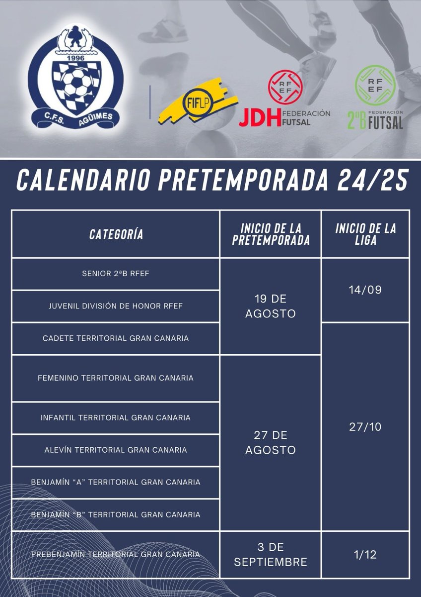 ⚽️PRETEMPORADA ‼️

Estamos de enhorabuena 🪅
💪fechas de inicio de pretemporada del Scantravel / ROOM Tryp <a href="/AguimesFS/">Agüimes FS</a>

⚪️🔵
Un pueblo, una ilusión, un futuro saludable