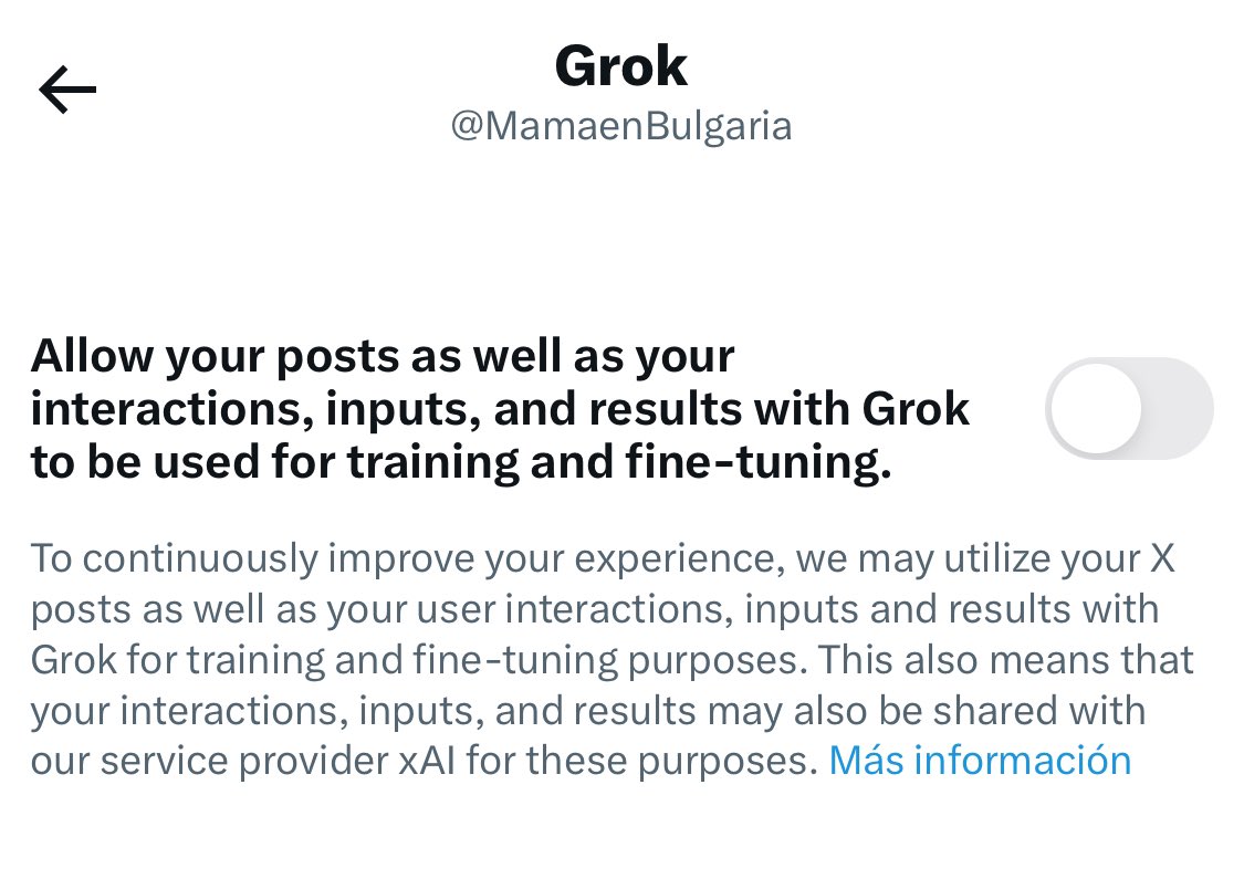 MamaenBulgaria's tweet photo. Al parecer el nuevo Twitter también pretende usar nuestros datos para entrenar a su nueva AI, llamada Grok. 🙄

Para evitarlo y desactivar esa opción debéis ir a vuestro perfil:

Configuración > Privacidad y seguridad > Grok: desactivarlo (está activado por defecto).

¡Y listo! https://t.co/89JL7VkWX1