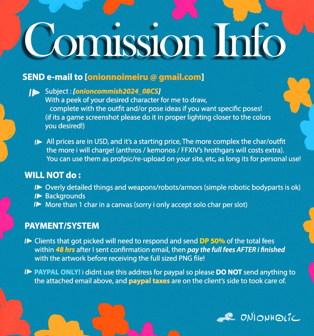 ~+~ COLORED SKETCH HALF BODY COMMISH OPEN! ~+~ 
[5 slots]   
Rules, pricings, and samples are below! PLEASE read them carefully before sending me an email!  

Application open till the 10th August 2024 midnight (GMT+7)! I will reply with confirmation email if you got picked! thx!