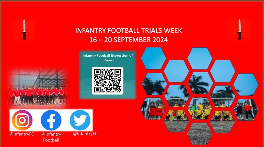INFANTRY FC are to hold a Trials week next month 16 - 20 September. If you haven't already registered your interest and would like to be part of this great team please scan the QR code to register. Let's build on last year's success.