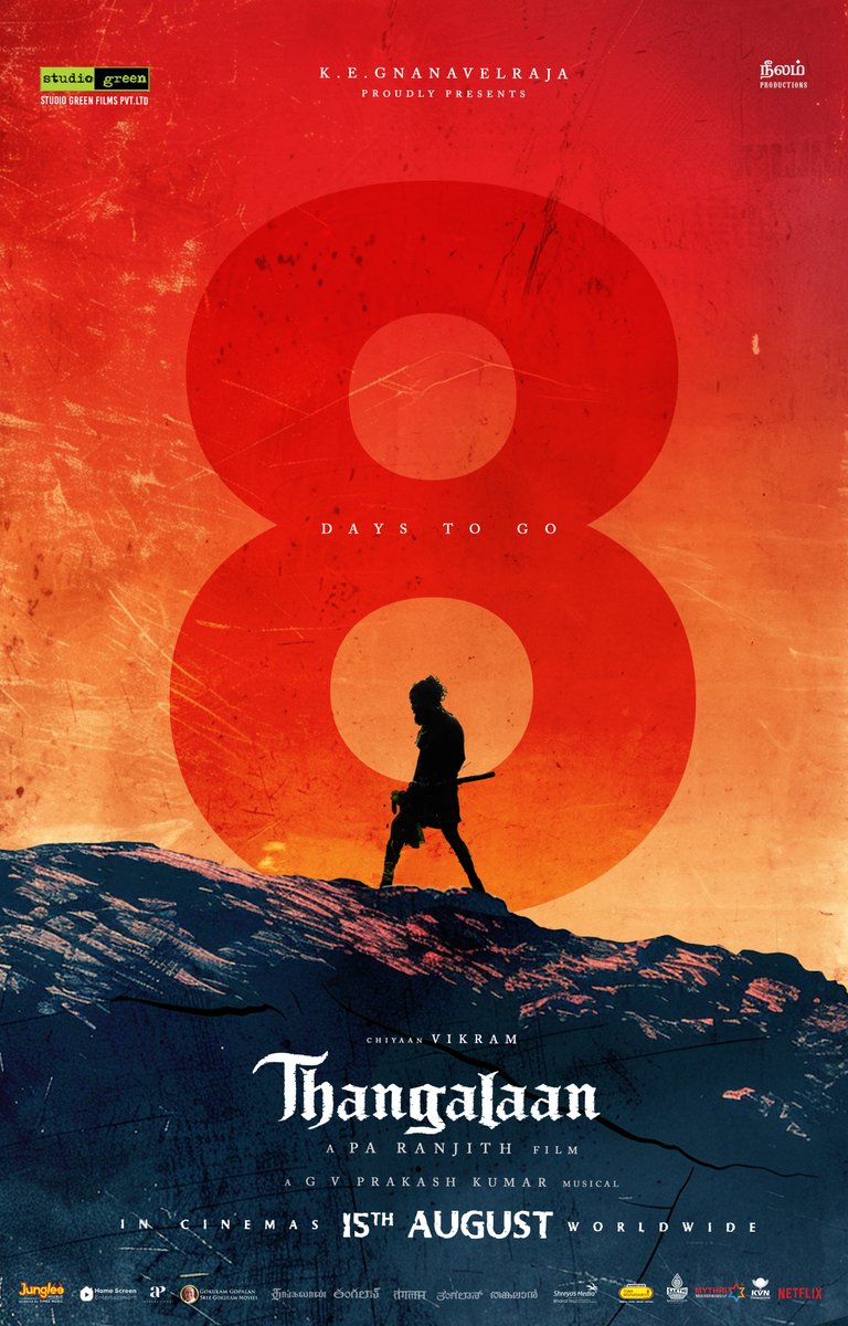 officialneelam's tweet image. The ultimate quest for gold is coming to you in all its glimmering glory ✨🔥

In just 8 days 

#ThangalaanFromAug15 🗡️

@Thangalaan @chiyaan @beemji @GnanavelrajaKe @StudioGreen2 #NeelamProductions @parvatweets @MalavikaM_ @NehaGnanavel @gvprakash @Dhananjayang @KvnProductions…
