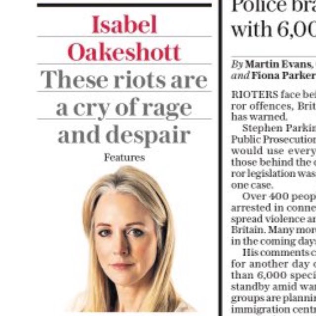 No Oakeshott <a href="/IsabelOakeshott/">Isabel Oakeshott</a>, these riots, stirred up by you and your ilk, are an excuse for far right vicious thugs to smash, to loot, to burn, to intimidate and to beat. These riots are on you.