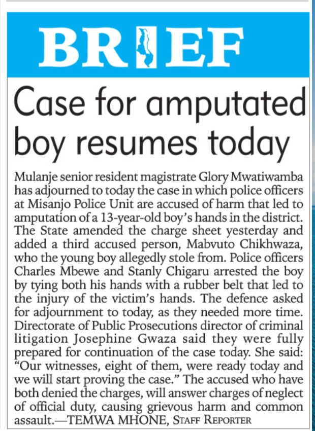 chreaamalawi's tweet image. #MULANJEMINOR #CASEUPDATE

The Mulanje magistrate court today continues hearing the case of a 13-year-old boy who lost his hands after alleged torture by police officers. The charge sheet now includes a third accused, the person the boy allegedly stole from.