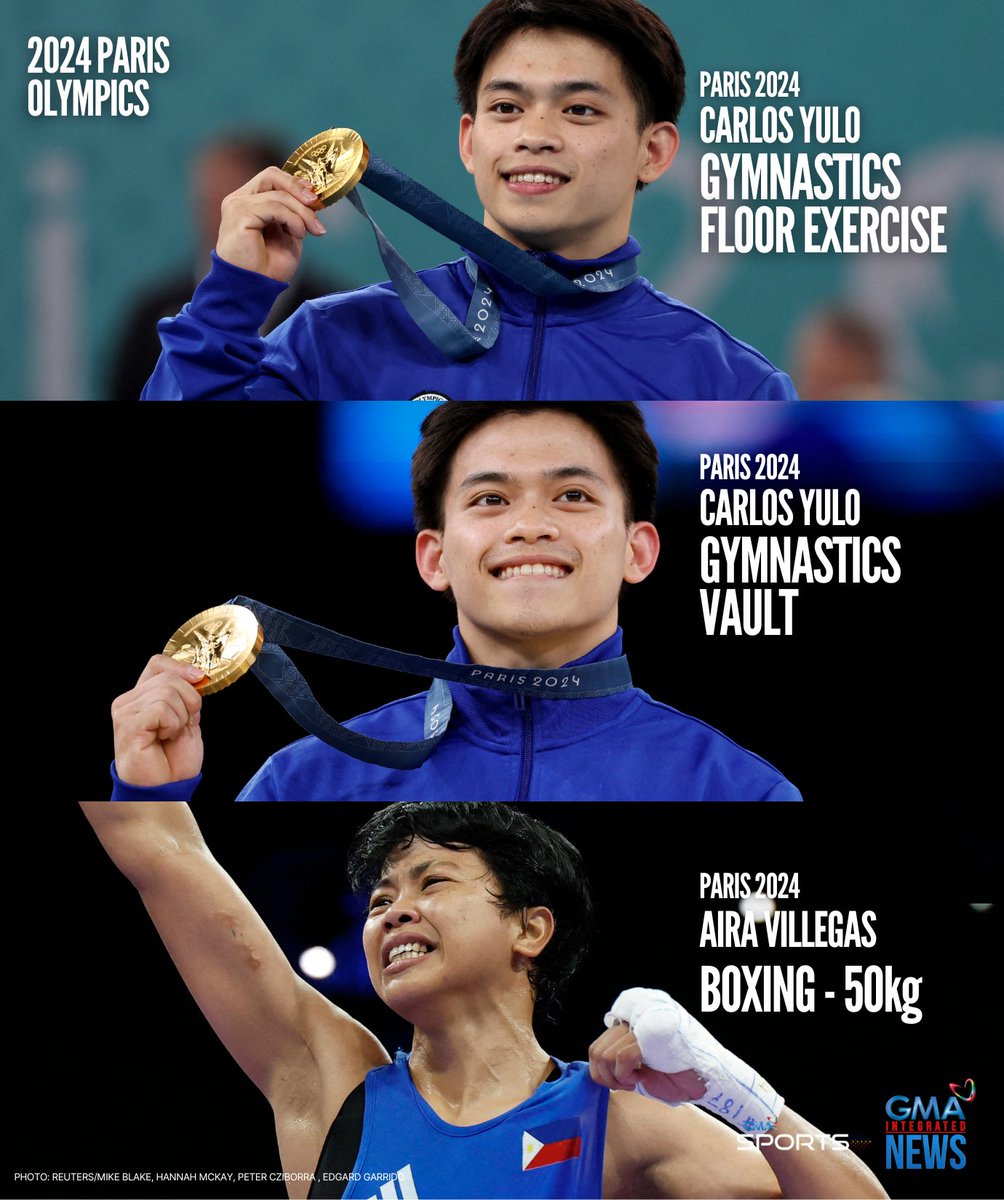 gmasportsph's tweet photo. AND NOW THERE ARE THREE 🇵🇭💪

🥇 - Carlos Yulo, Men's Gymnastics Floor Exercise
🥇 - Carlos Yulo, Men's Gymnastics Vault 
🥉 - Aira Villegas, Women's Boxing - 50kg Division 

Team Philippines is going strong this #Paris2024! Follow #GMASports for updates. https://t.co/v60lJmTUO5