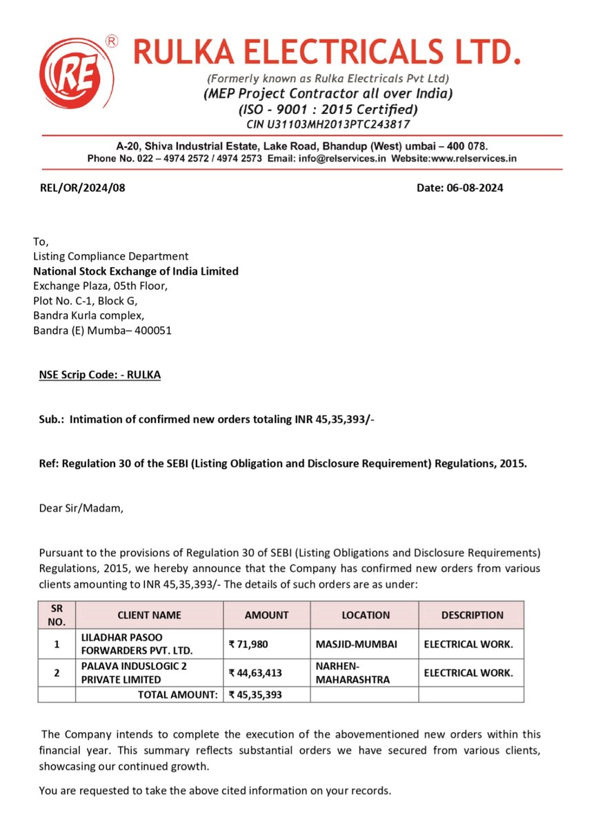 ambrishgupta111's tweet image. Rulka Electrical 

Win another order

#investing #multibagger #rulkaelectrical #rulka #toploser #topgainer #fno