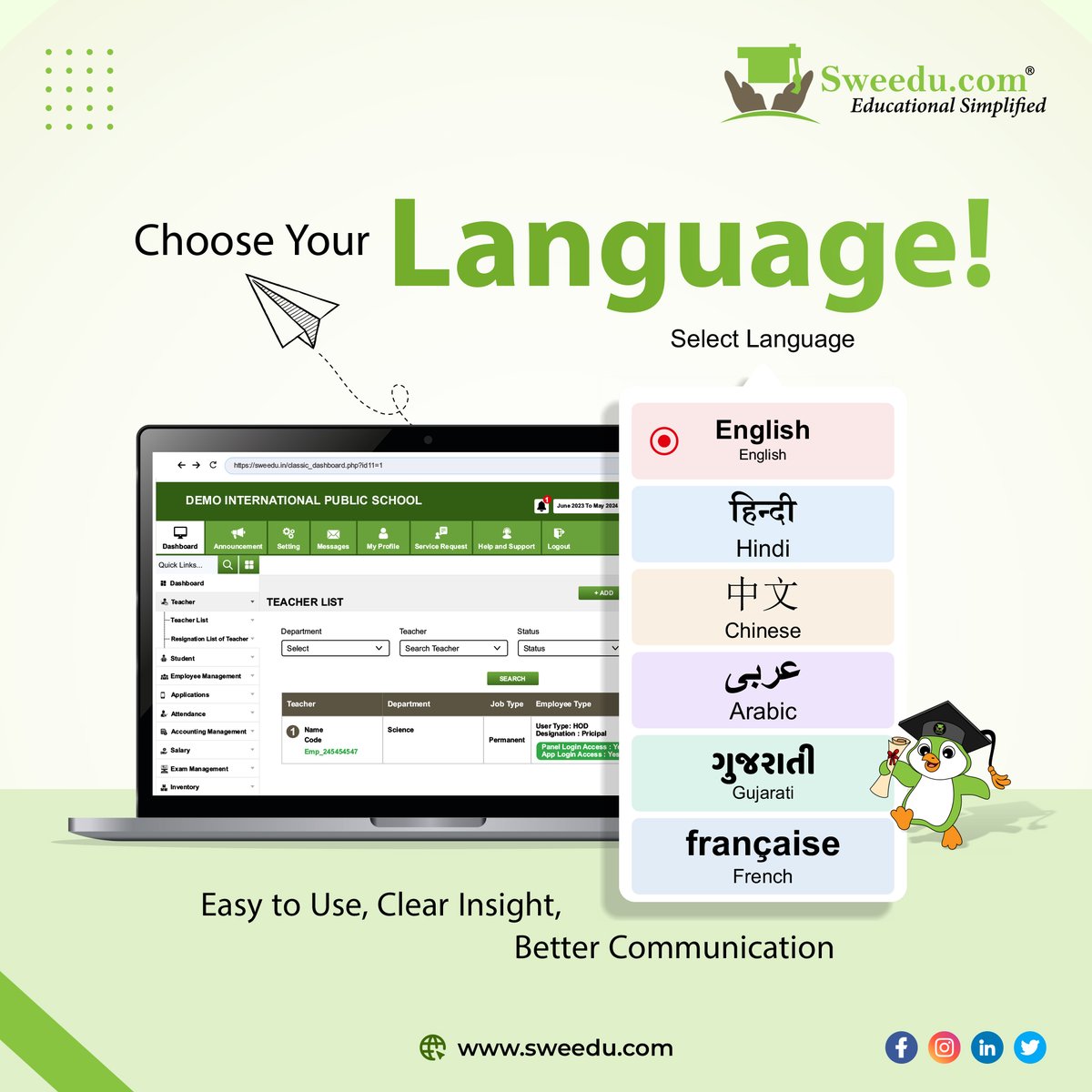sweedu_erp's tweet photo. Choosing your language makes things easier, clearer, and improves communication. It helps everyone understand and work together better.

#sweedu #sweeduedutech #vadodara #erp #software #LanguageChoice #EaseOfUse #ClearCommunication #BetterUnderstanding #Collaboration https://t.co/IF5VZsd052