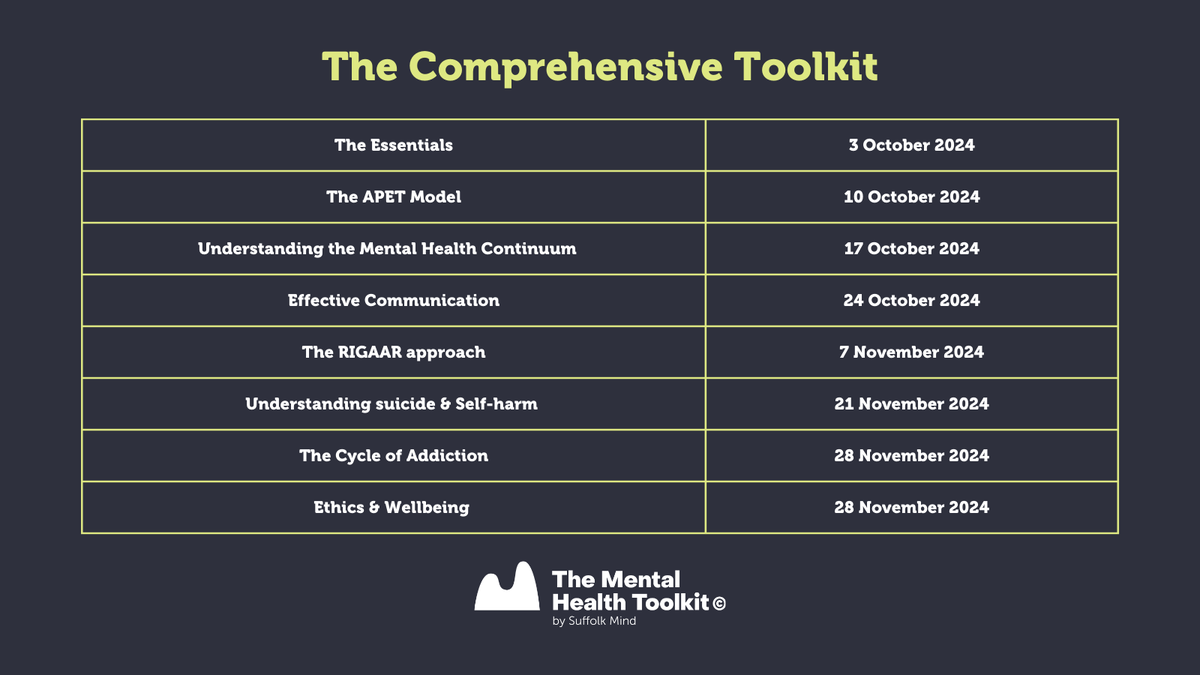 We still have spaces left on The Comprehensive Toolkit course starting 3 October! ⭐

This is our most comprehensive mental health training, run across eight modules.

Find out more and book on ➡️ thementalhealthtoolkit.co.uk/course/the-com…

#TMHTK #MentalHealth #MentalHealthTraining