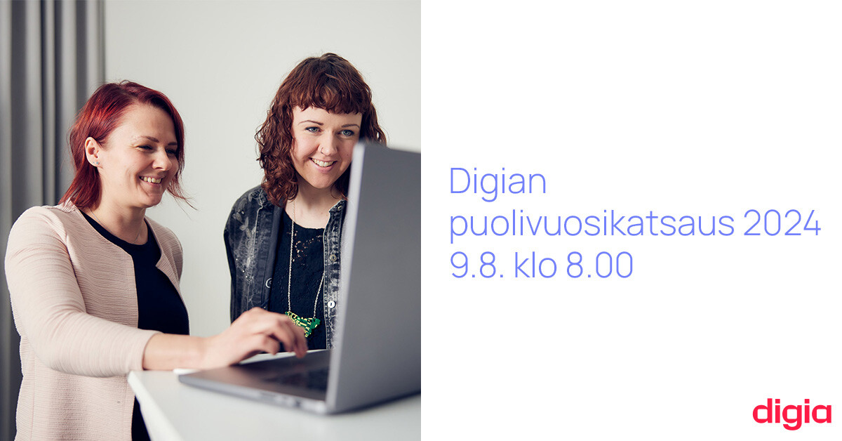 Digian puolivuosikatsaus 2024 julkaistaan perjantaina 9.8. klo 8.00. Julkaisun jälkeen katsaus on nähtävissä👉eu1.hubs.ly/H0bBK100

Toimitusjohtaja Timo Levoranta esittelee tuloksen webcast-lähetyksessä klo 12.00📽️eu1.hubs.ly/H0bBKgR0

#DigiaIR #UnlockYourIntelligence