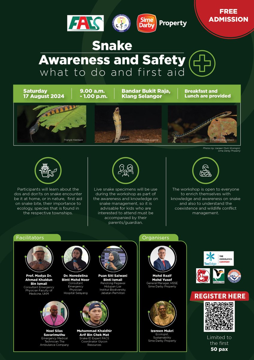 IzereenM's tweet photo. Geng, anyone nak join belajar pasal ular, do’s n don’t bila jumpa ular, ecological importance dan first aid apabila dipatuk ular, mari daftar dan join.

3 diff session and places to suit your timing. Facilitator dari pakar toxicology, PERHILITAN dan myself.

Kindly share around. https://t.co/LAxb2dVknl