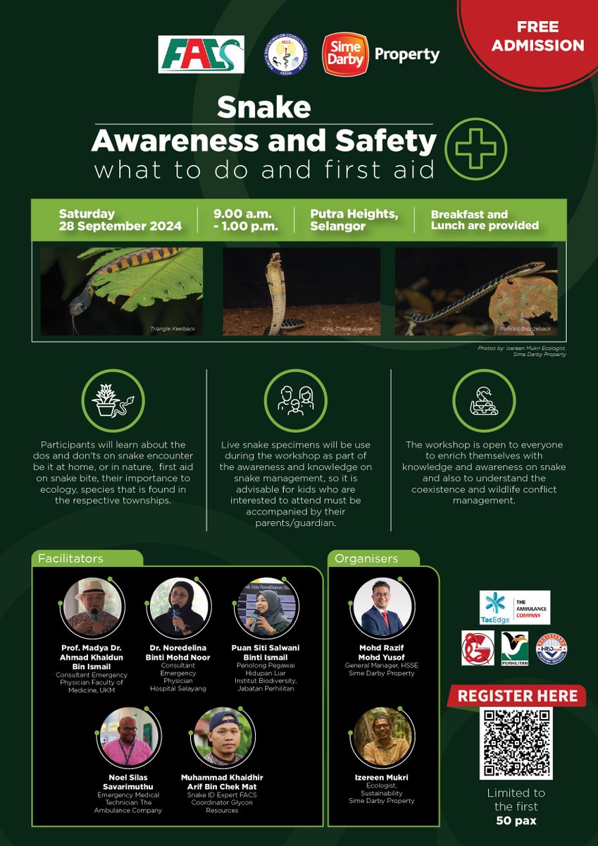 IzereenM's tweet photo. Geng, anyone nak join belajar pasal ular, do’s n don’t bila jumpa ular, ecological importance dan first aid apabila dipatuk ular, mari daftar dan join.

3 diff session and places to suit your timing. Facilitator dari pakar toxicology, PERHILITAN dan myself.

Kindly share around. https://t.co/LAxb2dVknl
