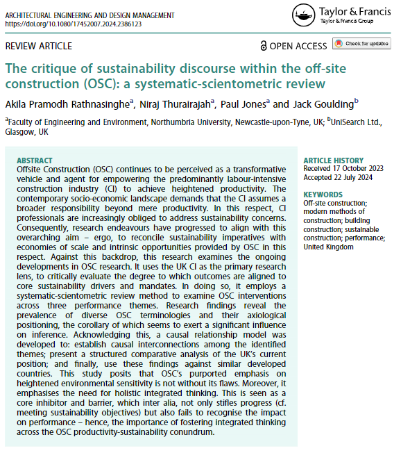 🔔Our latest article on offsite construction's positioning within the sustainability-productivity continuum. The holistic integrated thinking (HIT) strategy emerged as crucial in bridging the gap between OSC productivity and sustainability.