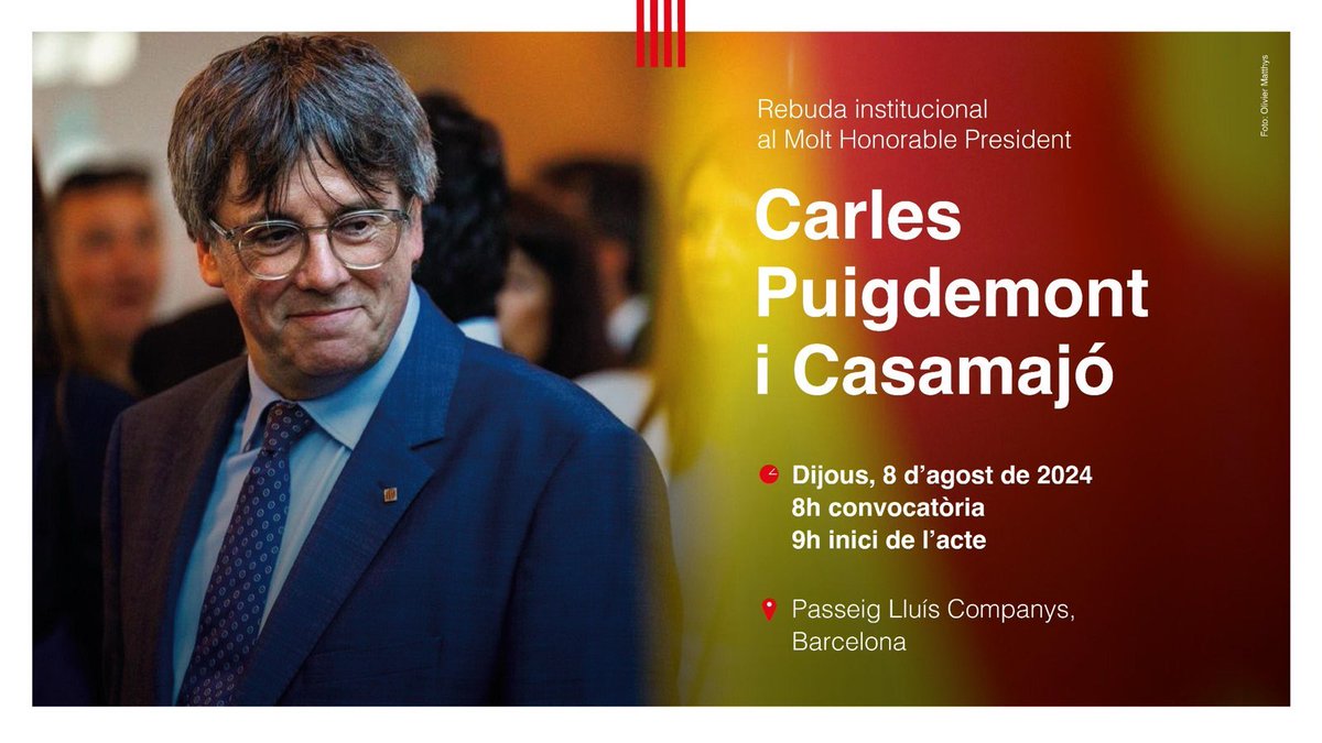 📢 CONVOCATÒRIA

Rebuda institucional al 130è president de la Generalitat de Catalunya, Carles Puigdemont.

📅 8 d'agost de 2024. 
🕘 9:00h. 
📍 Passeig de Lluís Companys, Barcelona.