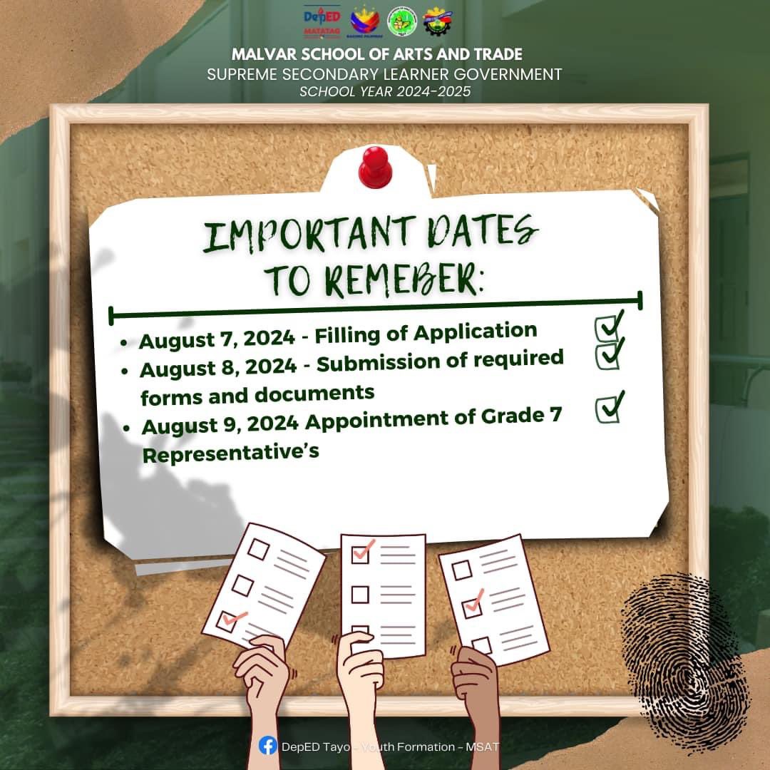 MsatSsg's tweet photo. Attention MSAT Grade 7 Learners ‼️

We are looking for our Grade 7 Representative, if you’re interested just fill the following:

* Election Application Form(EAF)
* Introductory Profile for Secondary Level
* Must have a Certificate of Good Moral https://t.co/cQr2Ok6P8W