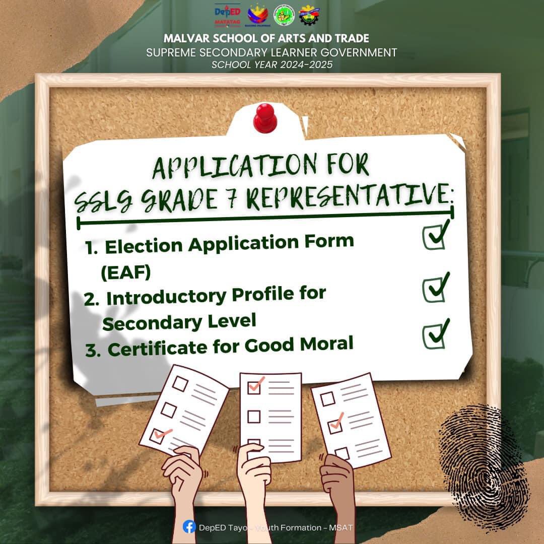 MsatSsg's tweet photo. Attention MSAT Grade 7 Learners ‼️

We are looking for our Grade 7 Representative, if you’re interested just fill the following:

* Election Application Form(EAF)
* Introductory Profile for Secondary Level
* Must have a Certificate of Good Moral https://t.co/cQr2Ok6P8W