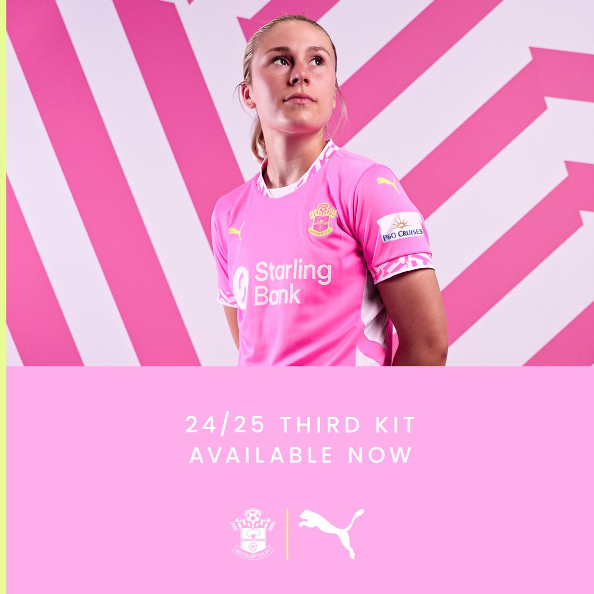 SouthamptonFC's tweet photo. Completing the set 🩷🤍

Our 2024/25 @PumaFootball third kit is HERE: