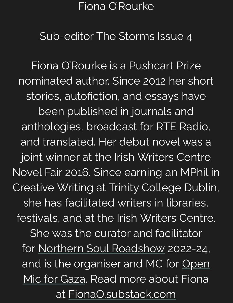 TheStormsJournal (@stormsjournal) on Twitter photo Please welcome <a href="/fionamkorourke/">fionaO.substack.com</a> to The Storms as issue 4 sub-editor ⚡️
following former subeditors
<a href="/nithykasa/">Nithykasa</a> issue 3 ⚡️
@edepaor issue 2⚡️
<a href="/gaynorkane/">Gaynor Kane</a> issue 1⚡️
Fiona, who splits time between Larne, Wexford & Dublin, joins EIC <a href="/deuxiemepeau/">Damien B. Donnelly</a> for the Dublin Days issue Please welcome <a href="/fionamkorourke/">fionaO.substack.com</a> to The Storms as issue 4 sub-editor ⚡️
following former subeditors
<a href="/nithykasa/">Nithykasa</a> issue 3 ⚡️
@edepaor issue 2⚡️
<a href="/gaynorkane/">Gaynor Kane</a> issue 1⚡️
Fiona, who splits time between Larne, Wexford & Dublin, joins EIC <a href="/deuxiemepeau/">Damien B. Donnelly</a> for the Dublin Days issue