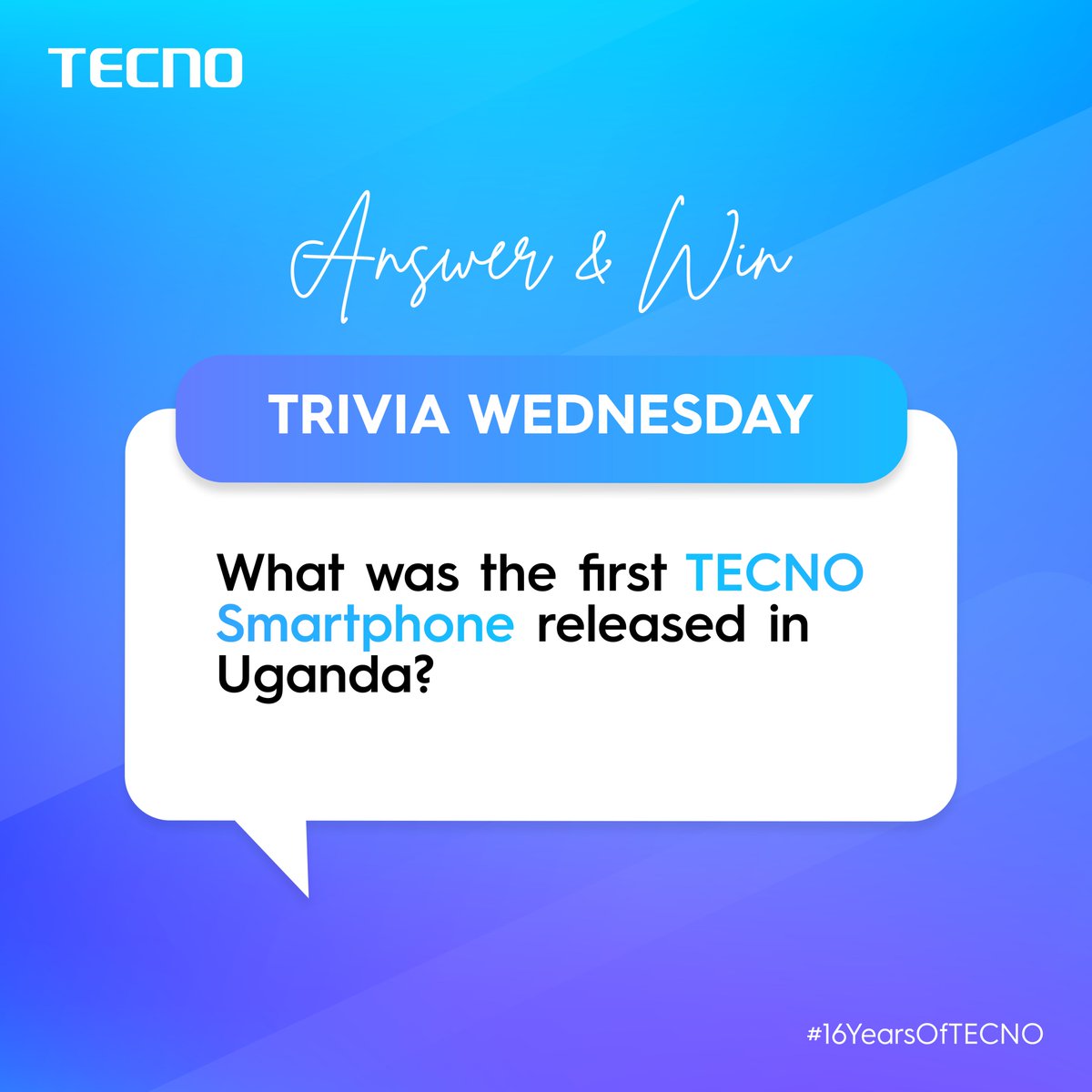 tecnomobileug's tweet photo. 🎉 It's Trivia Wednesday! Ready to win some TECNO goodies?
Answer this: What was the first TECNO smartphone released in Uganda?
Drop your answer below for a chance to win! 🚀
#TECNOTrivia #16YearsOfTECNO https://t.co/eUbBZtRiEv