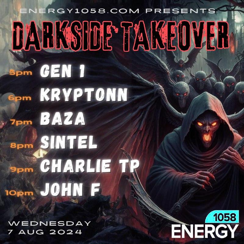 TONIGHT WE GO DARK! 
Epic lineup for our darkside takeover 🔥
We're live from 5pm so tune in and come join us in the chatroom on energy1058.com 

#hardcoremusic #darkside #darkoldskool #liveDJ #onlineradio #oldskoolmusic #dnb #jungle #breakbeat