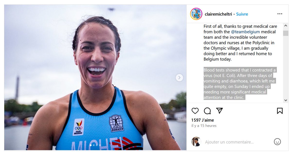 🏊‍♀️🦠 La triathlète belge Claire Michel veut répondre aux "informations contradictoires" qui circulent à son sujet et affirme qu'elle a été contaminée par un virus, et non pas par la bactérie E. coli.

Elle va mieux et elle est rentrée chez elle en Belgique hier.

1/2
