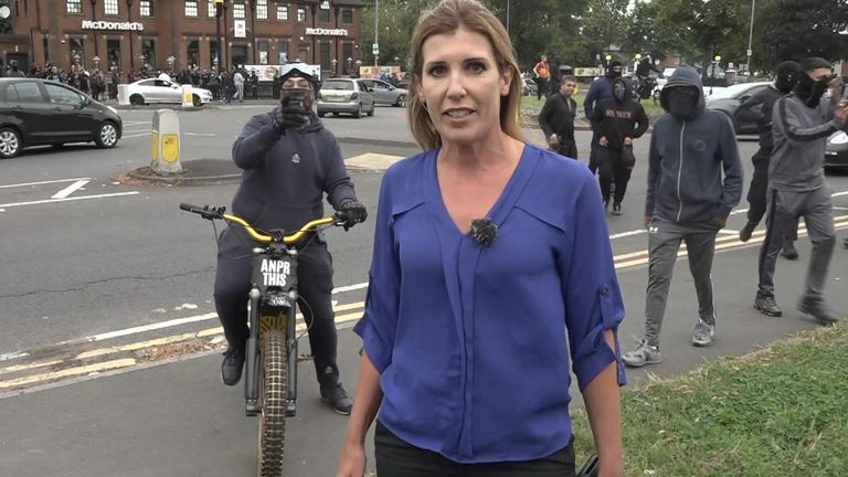 daveatherton's tweet photo. I'm sure you remember the @SkyNews reporter being told live "free Palestine, f**k the EDL" in Birmingham. 

On the bike is a sign 'ANPR this'. I presume this stands for Automatic Number Plate Recognition. So the bike has no plates, tax or insurance. 

Total disregard for the law. https://t.co/LnMMllCcII