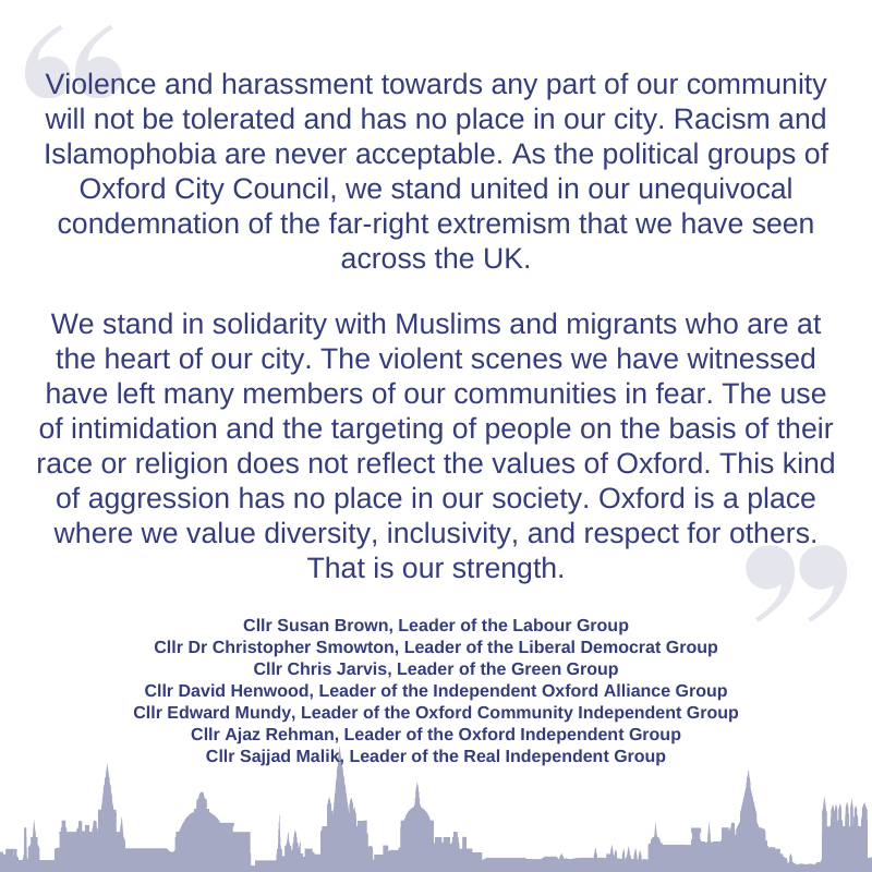 OxfordCity's tweet photo. Statement from the leaders of all the political groups on Oxford City Council ⬇️ https://t.co/nyCLm9rRuh