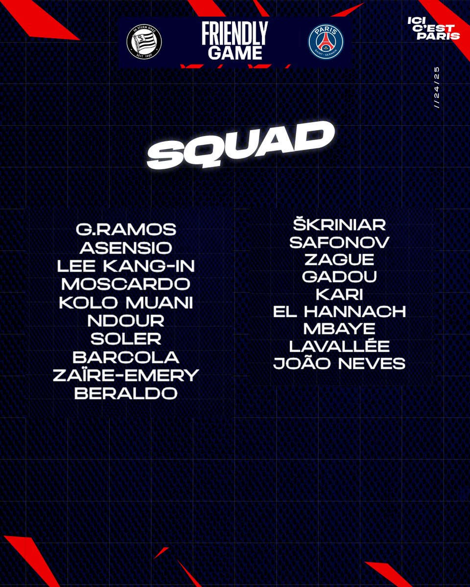🗒️ Un groupe de 1️⃣9️⃣ Parisiens pour le premier match amical ! 🔴🔵

📺 A suivre sur PSG.TV Premium ➡️ bit.ly/4dyBYFq

#STUPSG
