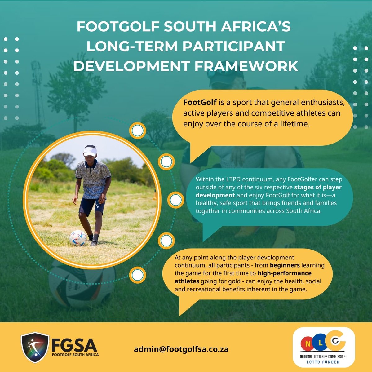 FootGolfSA's tweet photo. #FootGolf is a sport that general enthusiasts, active players, and competitive athletes can enjoy over the course of a lifetime.
Have a look at our Long-Term Participant Development Framework found on our website.
https://t.co/KHk37QqOOi
#footgolfgrowth
#footgolfpower https://t.co/fwsj0dLLnL