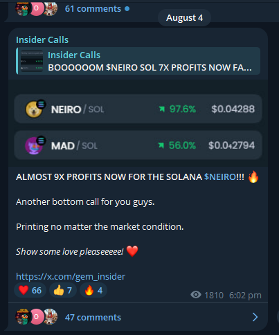 gem_insider's tweet photo. 🚨 Are you still fading INSIDER anon??  

$NEIRO [ETH] 69x in 8 days
$NEIRO [SOL] 9x in 4 days
$GINNAN 6x in 2 days
$AURA 24x in 5 weeks
$LNQ 28x in 4 months
$BILLY 9x in 4 weeks
$NPC 15x in 3 months 
$BTCB 31x in 5 days 

Comment + repost if you want the next 10x play. https://t.co/YuMrPtA25n