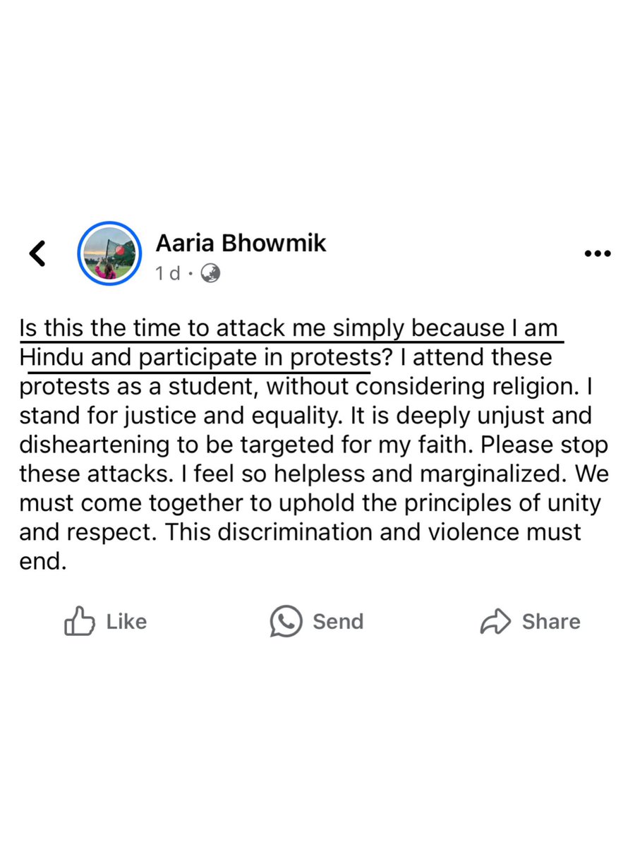 आरिया बोमविक ने बढ़ चढ़ कर हिंसक प्रदर्शन में भाग लिया था, शेख हसीना के तख्तापलट के बाद वे जश्न मना रही थी, जिनके साथ वे प्रदर्शन कर रही थीं अब वही दोस्त 24 घंटे बाद उनके घर के बाहर खड़े हैं उनका सामूहिक बलात्कार करने के लिए, अब वे रो रही हैं, माल ए गनीमत अपनी औकात भूल गई थी