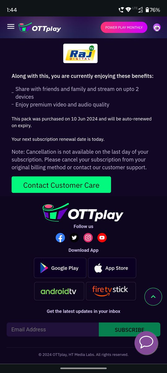 bittudhiru's tweet photo. @ottplayapp not showing the unsubscribe option in my subscription if I subscribe on the 10th of the month how new subscription day is today, are you crazy, it is completely fraud with the customer. Plz solve my query. I already mailed you . Plz check the concern. Check screenshot https://t.co/D3RdLT0g15