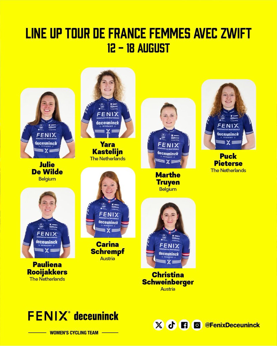 Excited to announce our team for <a href="/LeTourFemmes/">Le Tour de France Femmes avec Zwift</a> with <a href="/GoZwift/">Zwift</a> ! 🚴🏼‍♂️

Meet our 7 riders for the #TDFF2024, all set with a clear goal: to leave our mark! One team, on a mission💙

Will you cheer us on? Will you #WatchTheFemmes?🤩

#FenixDeceuninck #TDFF #GoZwift #WatchTheFemmes