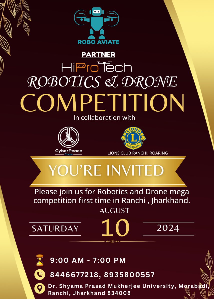 JOCC (@wejocc) on Twitter photo Through JOCC, Robo Aviate invites you to the inaugural Robotics and Drone Competition in Ranchi, Jharkhand 
It's an open entry event, just walk in to experience a showcase of innovation and tech skills 
See you there on 10th Aug 2024 at Dr SPM University, Ranchi! 
#BeThere Through JOCC, Robo Aviate invites you to the inaugural Robotics and Drone Competition in Ranchi, Jharkhand 
It's an open entry event, just walk in to experience a showcase of innovation and tech skills 
See you there on 10th Aug 2024 at Dr SPM University, Ranchi! 
#BeThere