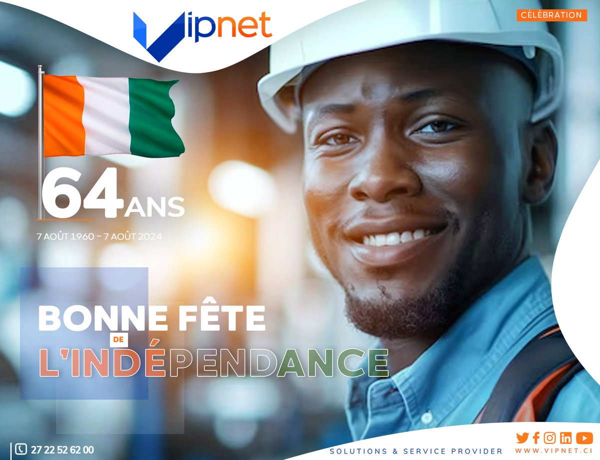 VIPNET_CI's tweet photo. Bonne fête de l'indépendance très chère Côte d'ivoire 🇨🇮

#64ans #Independanceday https://t.co/BZgS1EYUnV