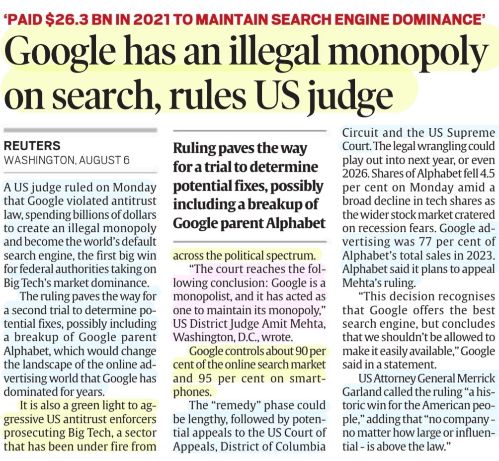 imRavikantYadav's tweet photo. 'Google has an illegal #Monopoly on Search, rules US District Judge Amit Mehta'
'Google a #Monopolist, rules American Judge in key Anti-Trust case'
:Details
#Google #SearchEngine #Advertising #Alphabet #antitrust
#BigTech #SearchEngineOptimization
#law
#UPSC
Source:IE & TH https://t.co/tvQ54gdPVE