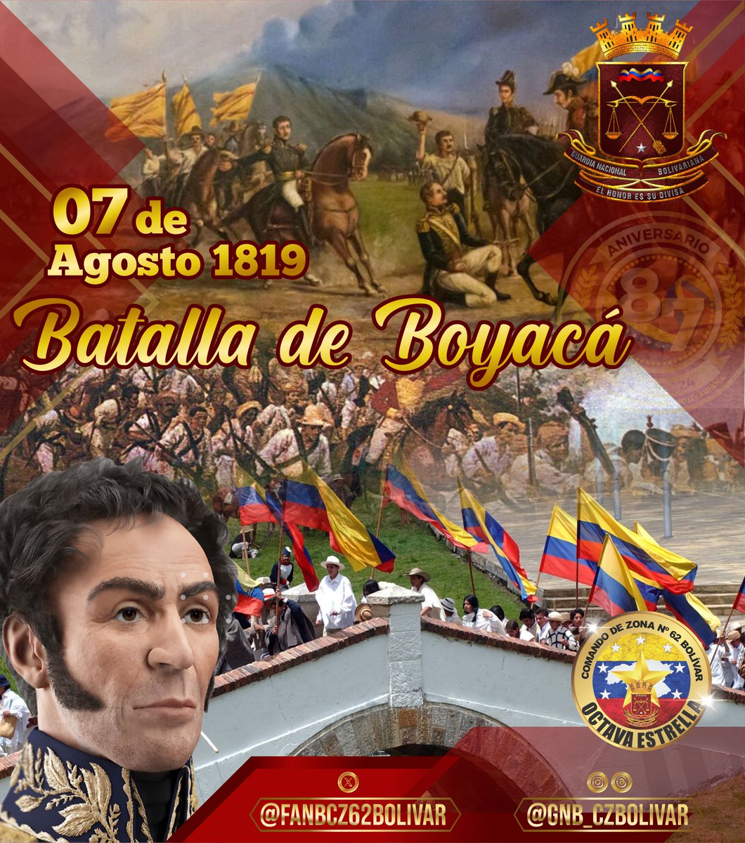 #7Ago se cumplen 205 años de la Batalla de Boyacá, una de las grandes victorias del Libertador Simón Bolívar, que selló definitivamente la independencia de la Nueva Granada, hoy nuestra hermana República de Colombia.

#VenezuelaHaceJusticia