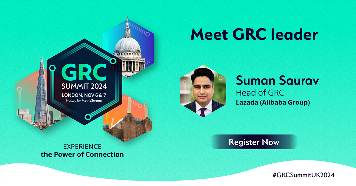Suman Saurav, Head of GRC, Lazada, will be joining us in London for #GRCSummitUK2024 on Nov 6-7. Suman is a security governance, technology risk &amp; privacy programme specialist with 18+ yrs of exp. Register now to join him &amp; other GRC experts at the summit. hubs.li/Q02JR_ck0