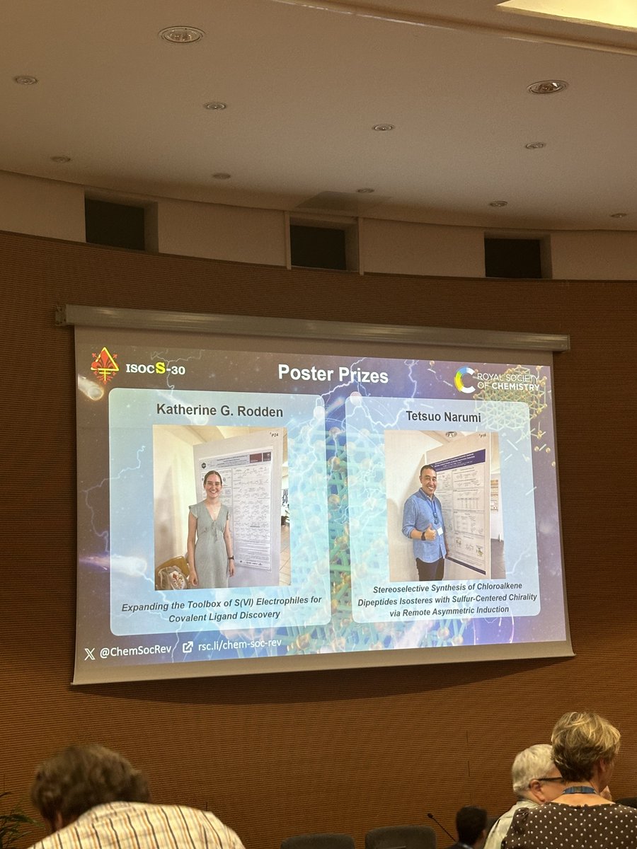 isocs30's tweet image. It’s our special pleasure to announce that Katherine Rodden University of Oxford, UK, and Tetsuo Narumi, University of Shizuoka, Japan were awarded the two poster prizes sponsored by the @ChemSocRev . We congratulate both on their success. #isocs30