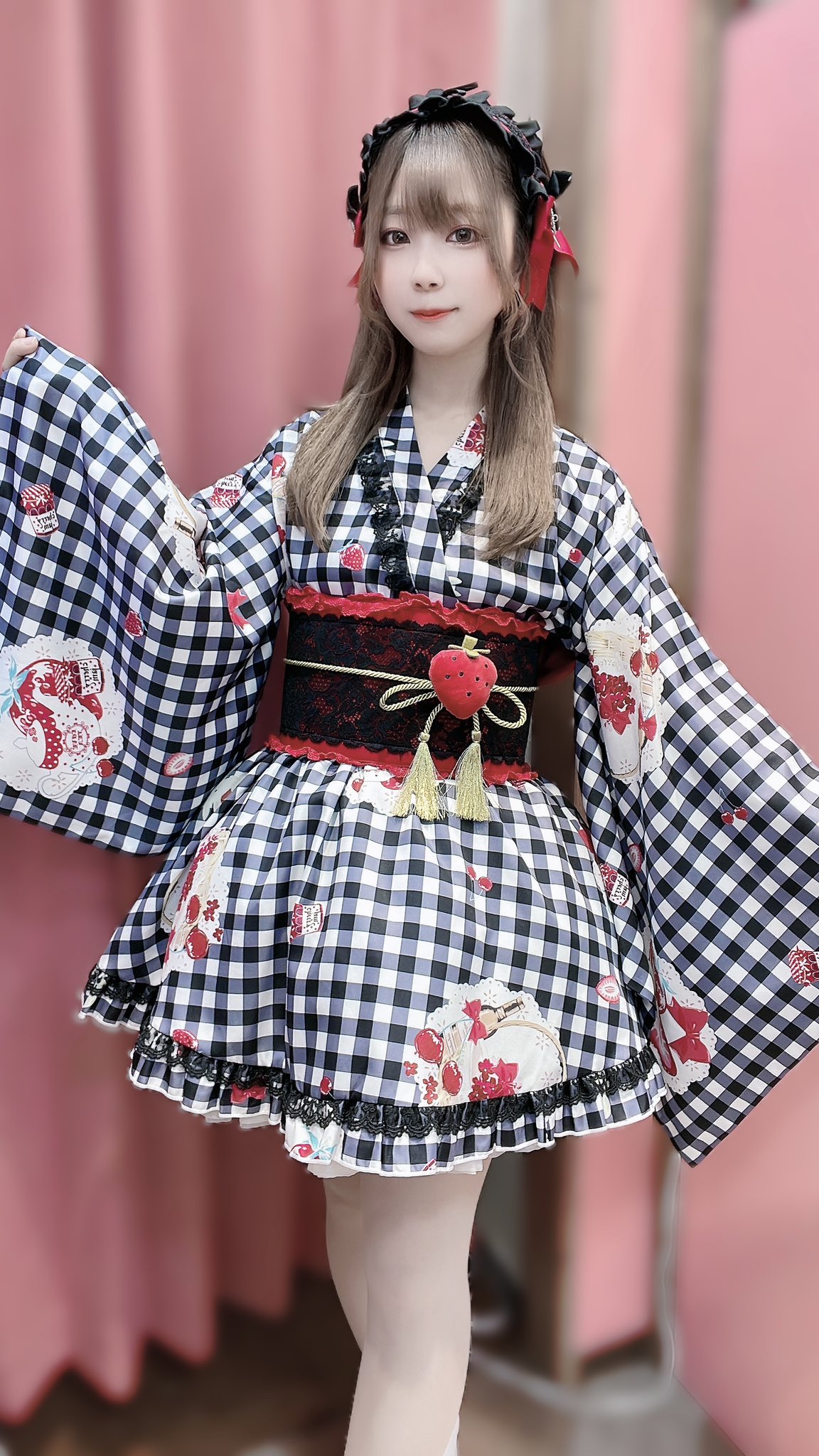 Toalice いちごギンガムチェック浴衣セット ピンク 心地よし Sサイズ Toalice いちごギンガムチェック浴衣セット ピンク 心地よし Sサイズ