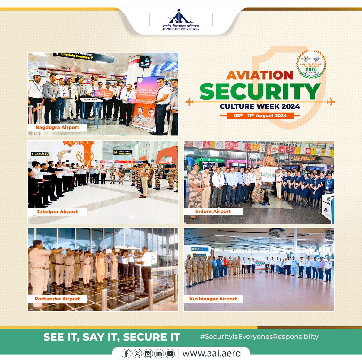 AAI_Official's tweet image. #AAI Airports and Establishments are actively engaging in #AviationSecurity Culture Week 2024, by hosting a variety of activities ranging from Awareness Programmes, Airport Security Meetings and more. 

#ASCWeek2024 #SecurityIsEveryonesResponsibilty