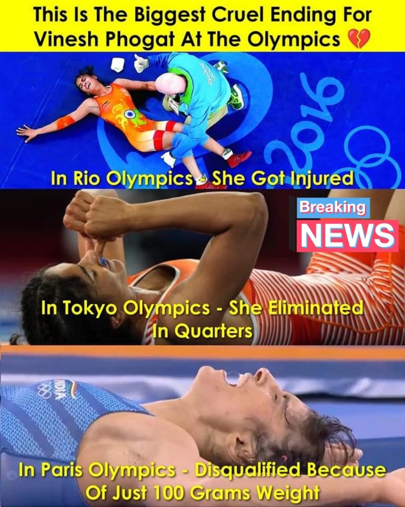 IndianRealityZ's tweet photo. Feel Sad For Vinesh Phogat 💔

#VineshPhogat #olympics2024 https://t.co/bym6pjrCLO