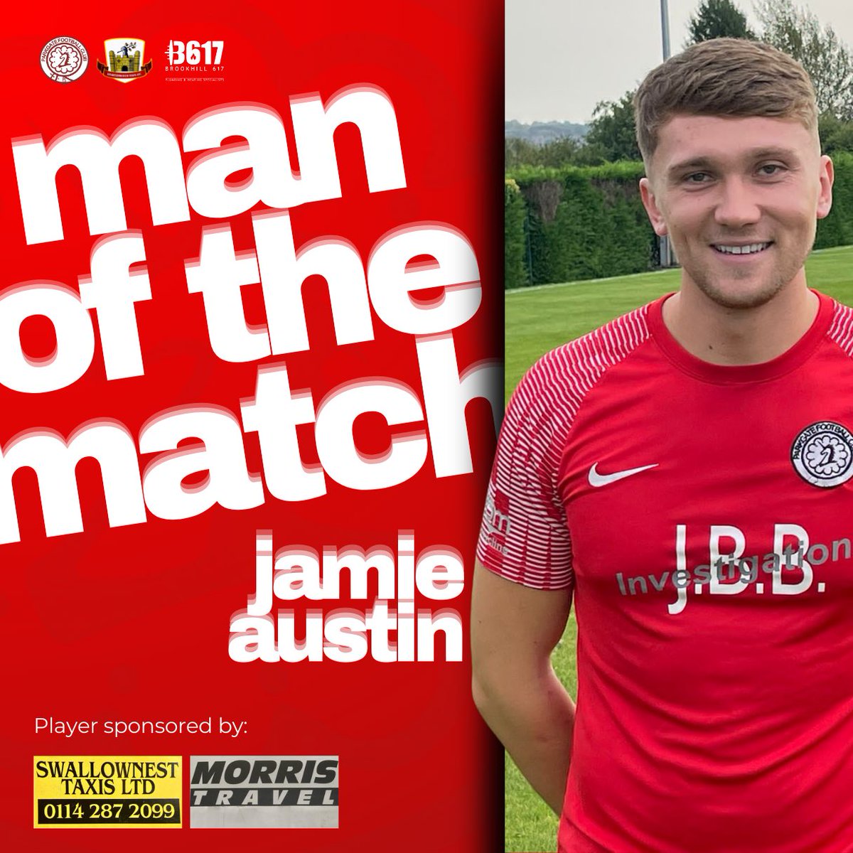 Last night’s Man of the Match was Striker Jamie Austin.

A brace &amp; assist for our no.9 - including that wonderful free-kick goal. 

Jamie is sponsored by Swallownest Taxis &amp; Morris Travel 🤝

#steelmen