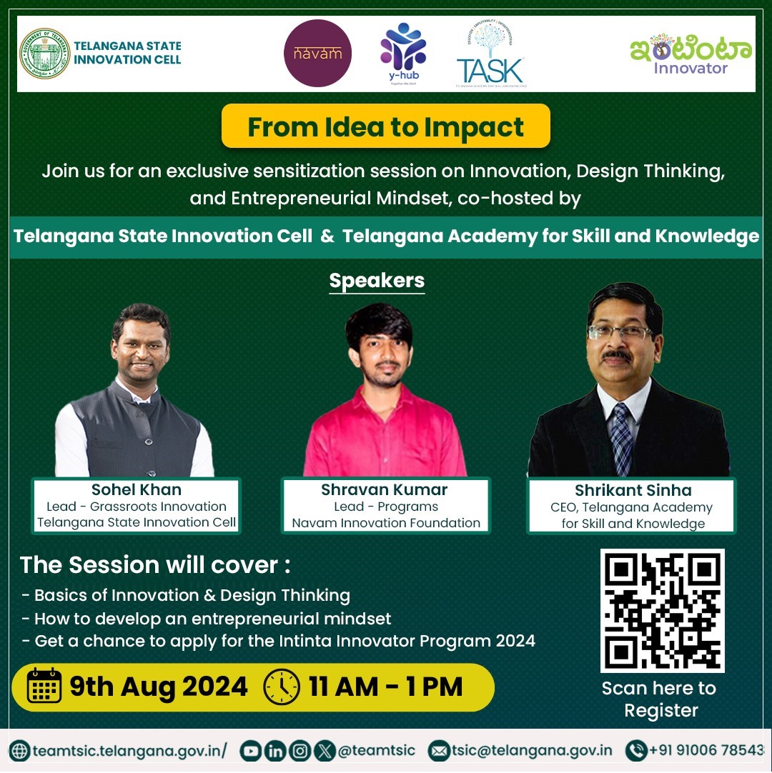 TASK Telangana (@tasktg) on Twitter photo Join us for an exclusive session on #Innovation #Design #Thinking & #EntrepreneurialMindset co-hosted by @taskts & @teamTSIC
Date: Friday, August 9th, 2024
Time: 11 AM - 1 PM IST
Joining Link: task.radiusedutech.com/i4TSenglish
<a href="/OffDSB/">Sridhar Babu Duddilla</a> <a href="/jayesh_ranjan/">Jayesh Ranjan</a> <a href="/bhaveshmishra01/">bhaveshmishra</a> <a href="/ShrikantNF/">Shrikant Sinha</a> Join us for an exclusive session on #Innovation #Design #Thinking & #EntrepreneurialMindset co-hosted by @taskts & @teamTSIC
Date: Friday, August 9th, 2024
Time: 11 AM - 1 PM IST
Joining Link: task.radiusedutech.com/i4TSenglish
<a href="/OffDSB/">Sridhar Babu Duddilla</a> <a href="/jayesh_ranjan/">Jayesh Ranjan</a> <a href="/bhaveshmishra01/">bhaveshmishra</a> <a href="/ShrikantNF/">Shrikant Sinha</a>
