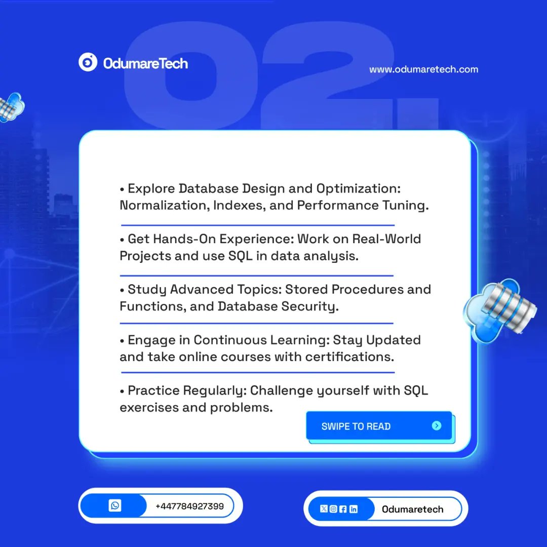 OdumareTech's tweet image. Unlock the power of data with our comprehensive guide to SQL mastery! ๐
Dive deep into the world of databases and elevate your data skills to the next level.
Start your journey today!
#sqlmastery #DataScience #techskills #dataskills #DataAnalytics #TechTips #CodingJourney