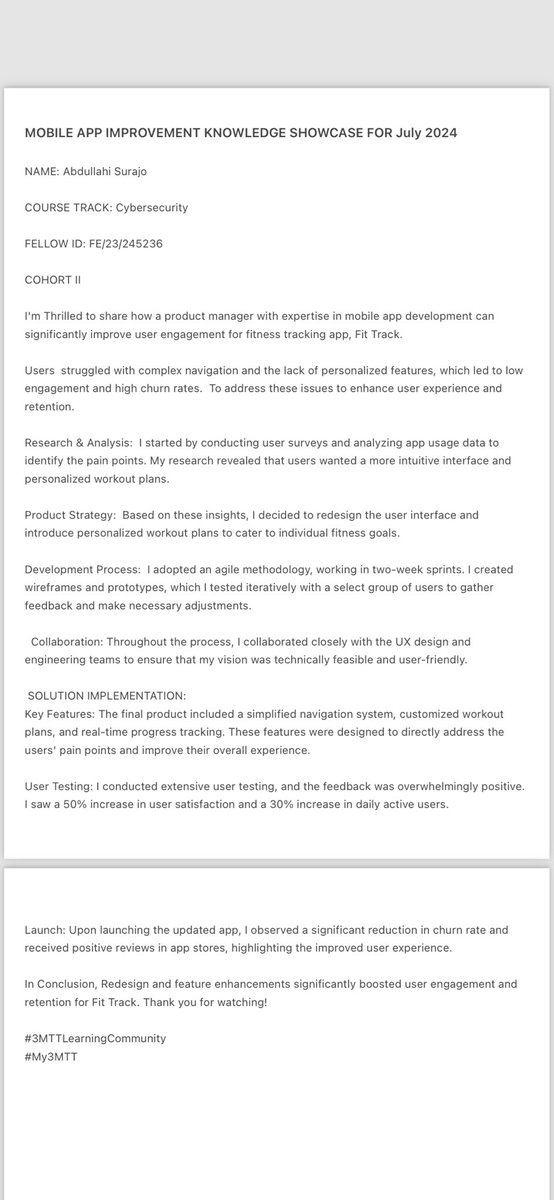 RAadullahi's tweet photo. I’m Abdullahi Surajo  with FELLOW ID: FE/23/245236 from COHORT 2. 
I'm Thrilled to share how a product manager with expertise in mobile app development can significantly improve user engagement for fitness tracking app, Fit Track. 👇🏻 @bosuntijani 
#3MTTLearningCommunity
#My3MTT https://t.co/kFxJHEYbMl